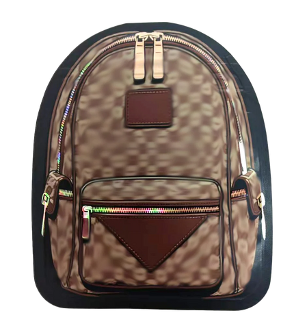Mylar Bag Camouflage-patterned backpack with brown accents on a white background