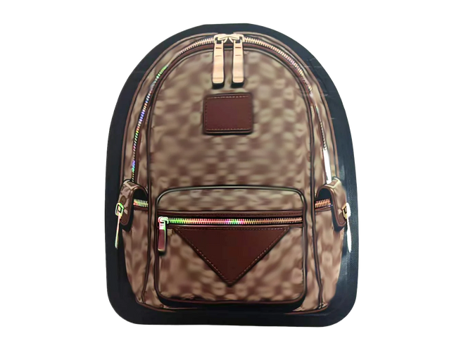 Mylar Bag Camouflage-patterned backpack with brown accents on a white background