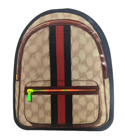 Mylar Bag Beige backpack with red and black stripes on a white background