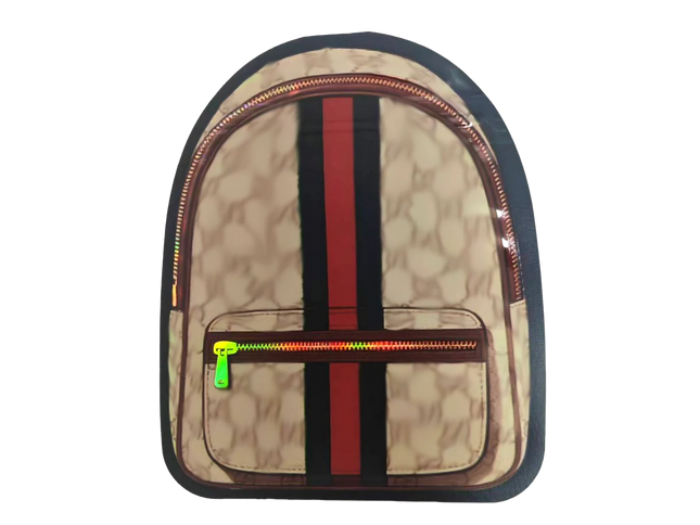 Mylar Bag Beige backpack with red and black stripes on a white background