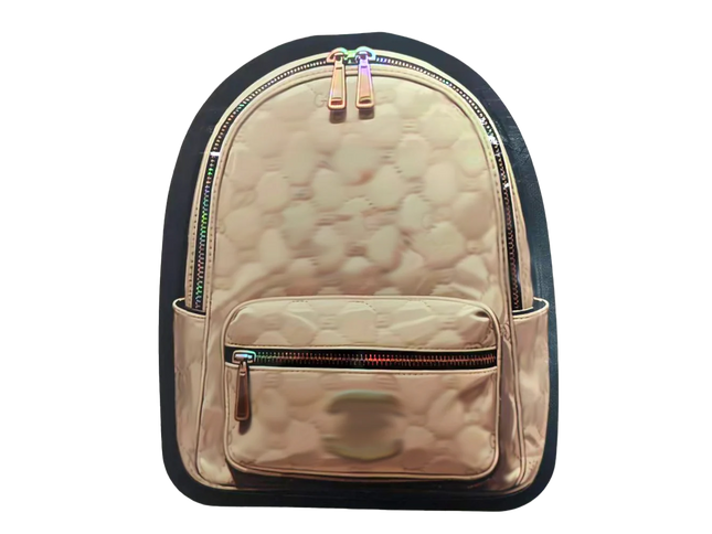 Mylar Bag Beige backpack with black trim on a white background