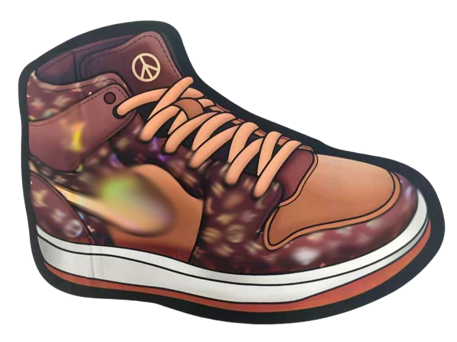 Mylar Bag Brown high-top sneaker with peace symbol on a white background