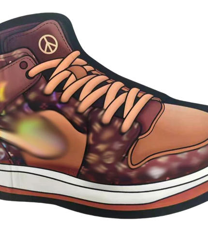Mylar Bag Brown high-top sneaker with peace symbol on a white background