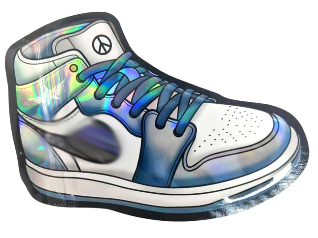 Mylar Bag  Holographic sneaker with peace symbol on a white background