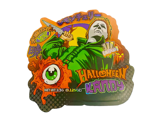Halloween-themed candy package with a character holding a knife and green robe, surrounded by orange and purple text.