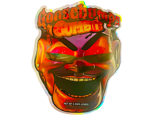 Holographic container with a face design and 'Gonebump' text on a white background
