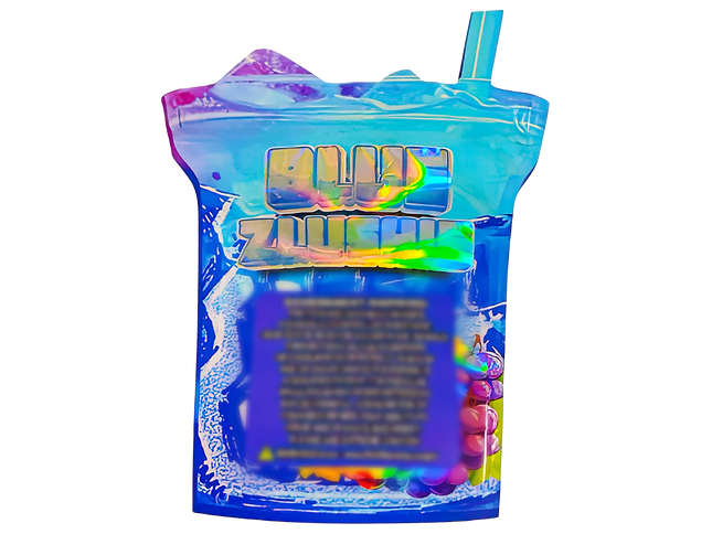 50 Pack 3.5G Shaped Mylar Bags – Blue Zlushie Grape Design