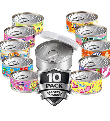 10-Pack 3.5g Pull-Top Tin Can Storage Containers – Assorted Designs