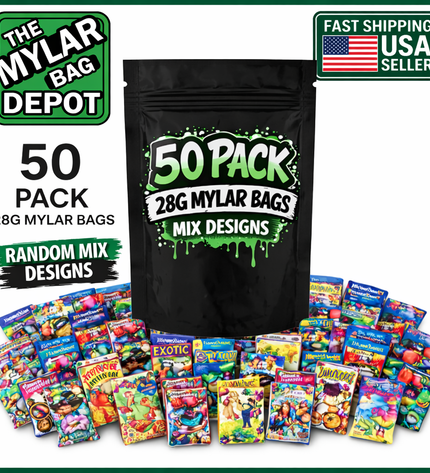 50-Pack 28g Large (6" x 8") Resealable Storage Mylar Pouches – Assorted Designs