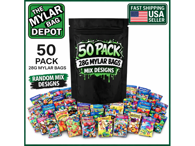 50 Pack 28g Large (6"x8") Bags Mystery Bundle Storage Pouches Assorted Designs
