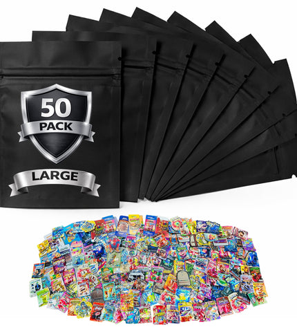 50-Pack 28g Large (6" x 8") Resealable Storage Mylar Pouches – Assorted Designs