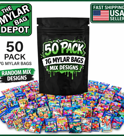 50-Pack 7g Medium (4" x 6.25") Foil Storage Organizer Bags – Assorted Designs