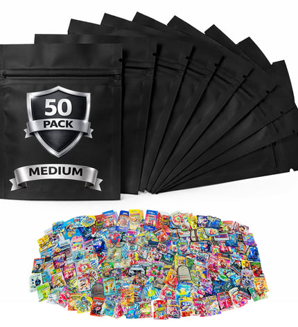50-Pack 7g Medium (4" x 6.25") Foil Storage Organizer Bags – Assorted Designs
