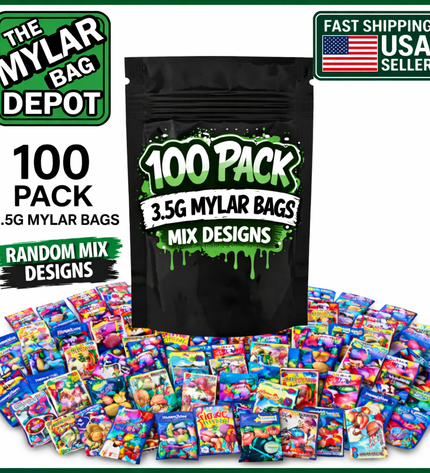 100-Pack 3.5g Small (4" x 5") Mylar Bags – Assorted Designs