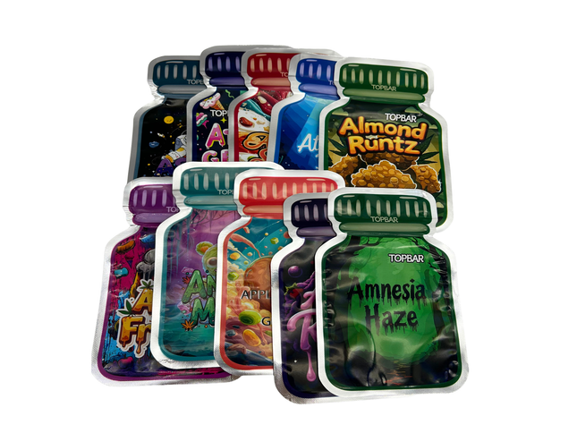 50 Pack 3.5G Mylar Bags Mix Designs – Bottle Theme