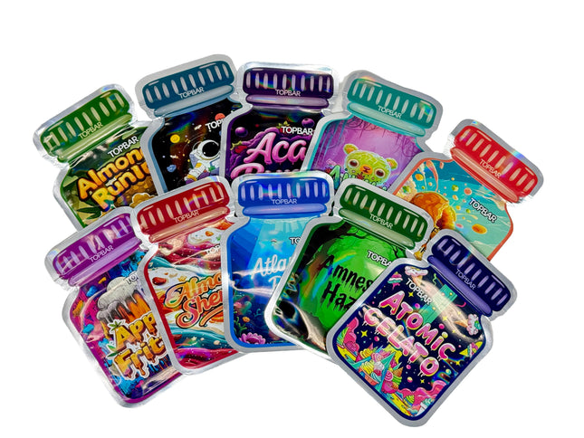 50 Pack 3.5G Mylar Bags Mix Designs – Bottle Theme