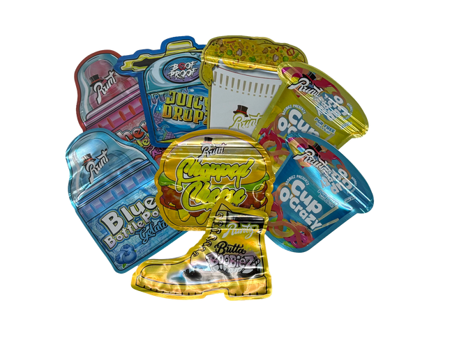 50 Pack 3.5G Mylar Bags Mix Designs – Shaped Collection