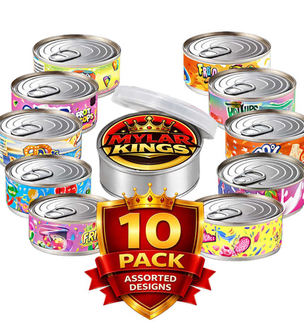 10 Pack 3.5g Pull Top Tin Can Storage Pouches Mystery Bundle Assorted Designs