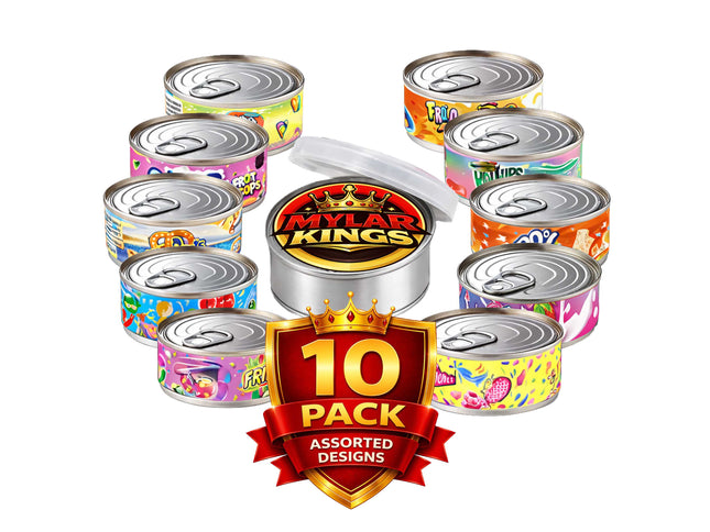 10 Pack 3.5g Pull Top Tin Can Storage Pouches Mystery Bundle Assorted Designs