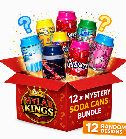 12 Pack 3.5g Soda Can Style Plastic Storage Pouches with Lids Mystery Assorted Designs