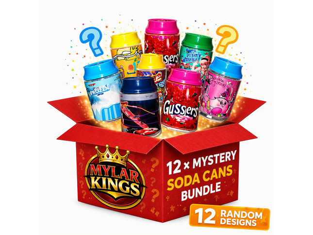 12 Pack 3.5g Soda Can Style Plastic Storage Pouches with Lids Mystery Assorted Designs