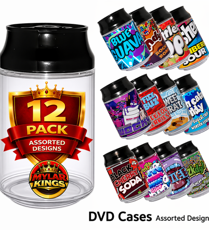12 Pack 3.5g Soda Can Style Plastic Storage Pouches with Lids Mystery Assorted Designs