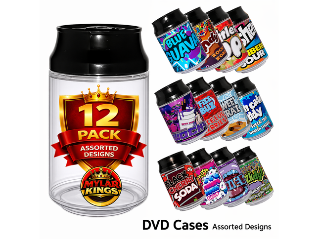 12 Pack 3.5g Soda Can Style Plastic Storage Pouches with Lids Mystery Assorted Designs
