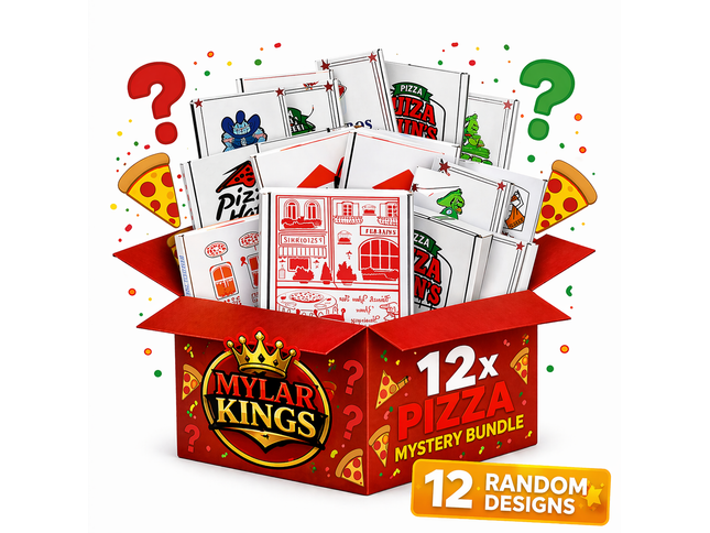 12 Pack 3.5g Pizza Shaped  Mystery Bundle Bags & Matching Boxes Set - Assorted Designs