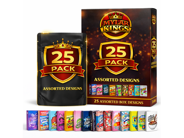 25 Pack 3.5g Bags and Matching Boxes Mystery Storage Pouches Assorted Designs Bundle