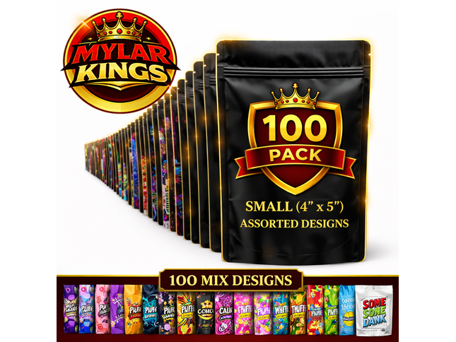 100 Pack 3.5g Small (3.5"x5") Bags Mystery Bundle Storage Pouches Assorted Designs