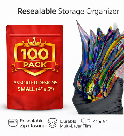 100 Pack 3.5g Small (3.5"x5") Bags Mystery Bundle Storage Pouches Assorted Designs