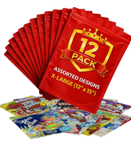 12 Pack 1lb Pound X-Large Bags Mystery Bundle Storage Pouches Assorted Designs