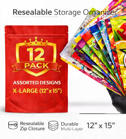 12 Pack 1lb Pound X-Large Bags Mystery Bundle Storage Pouches Assorted Designs