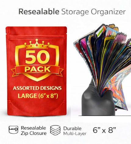 50 Pack 28g Large (6"x8") Bags Mystery Bundle Storage Pouches Assorted Designs