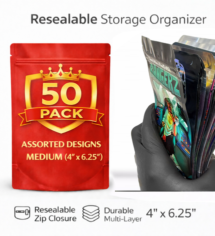 50 Pack 7g Medium (4"x6.25") Bags Mystery Bundle Storage Pouches Assorted Designs