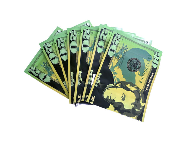 50 Pack 3.5g Money Design Mylar Bags – Twenty Dollar Graphic