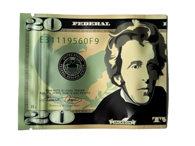 Money Mylar bag 3.5g, herb Mylar Bags, Where to buy mylar bags, Custom mylar bags near me, Mylar Bags Wholesale. Replica of a $20 bill with a stylized portrait on a white background