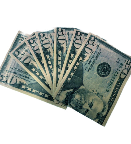 50 Pack 3.5g Money Shaped Mylar Bags – Fifty Dollar Graphic