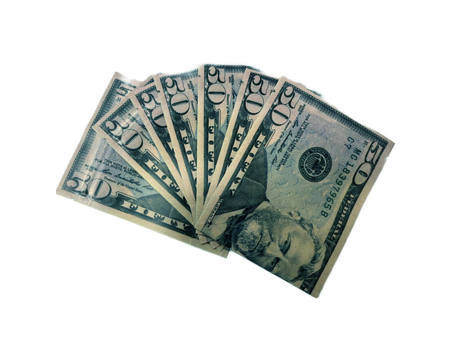 50 Pack 3.5g Money Shaped Mylar Bags – Fifty Dollar Graphic