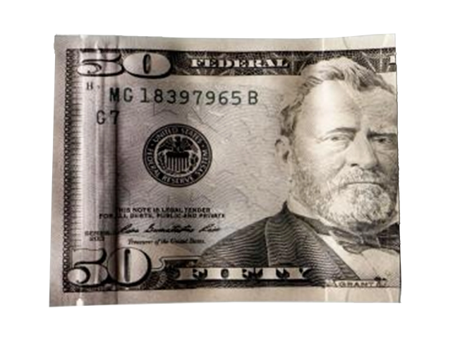 Money Mylar bag 3.5g, herb Mylar Bags, Where to buy mylar bags, Custom mylar bags near me, Mylar Bags Wholesale. Fifty-dollar bill with a portrait on a white background