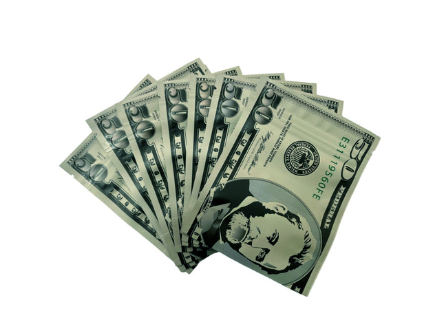50 Pack 3.5g Money Design Mylar Bags – Fifty Dollar Graphic Version 2