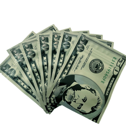 50 Pack 3.5g Money Design Mylar Bags – Fifty Dollar Graphic Version 2