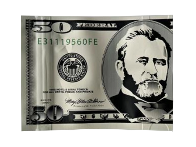 Money Mylar bag 3.5g, herb Mylar Bags, Where to buy mylar bags, Custom mylar bags near me, Mylar Bags Wholesale. Model of a $50 U.S. Federal Reserve note with a portrait on the right side.