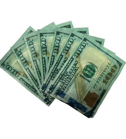 50 Pack 3.5g Money Shaped Mylar Bags – Hundred Dollar Front Graphic