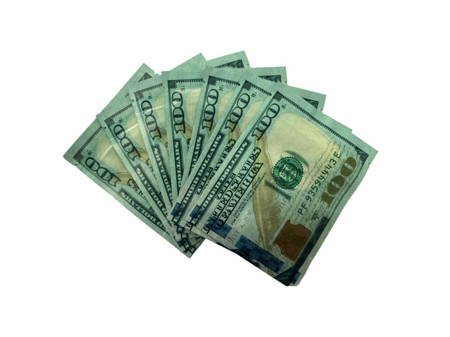 50 Pack 3.5g Money Shaped Mylar Bags – Hundred Dollar Front Graphic