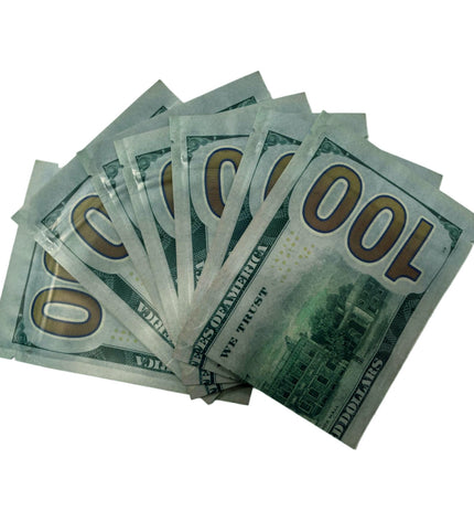50 Pack 3.5g Money Shaped Mylar Bags – New Hundred Dollar Graphic