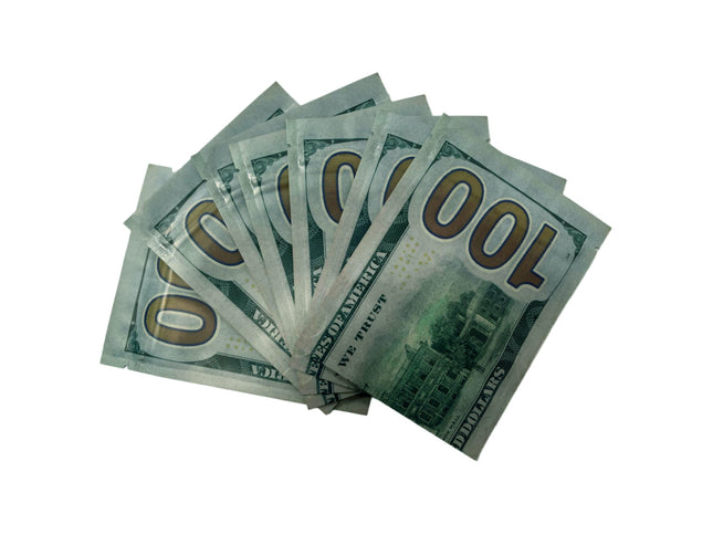50 Pack 3.5g Money Shaped Mylar Bags – New Hundred Dollar Graphic