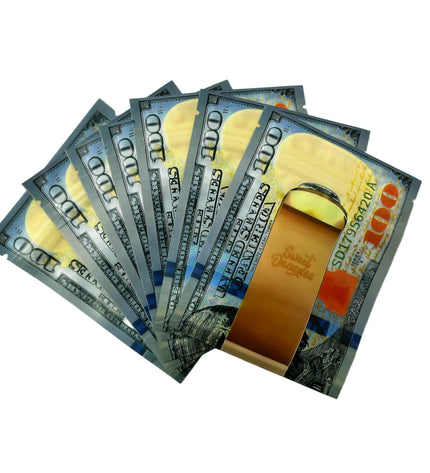 50 Pack 3.5g Money Shaped Mylar Bags – Money Clip Graphic