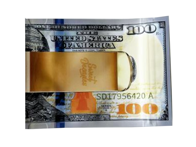 Money Mylar bag 3.5g, herb Mylar Bags, Where to buy mylar bags, Custom mylar bags near me, Mylar Bags Wholesale. Gold beer mug with 'DeWitts' branding on a printed $100 bill background