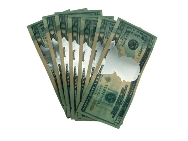 50 Pack 3.5g Money Shaped Mylar Bags – Twenty Dollar Graphic
